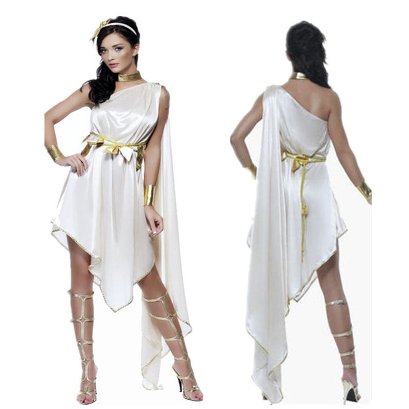 Greek Goddess Costume Egyptian Queen White Asymmetrical Off-Shoulder Dress for Stage Role Play