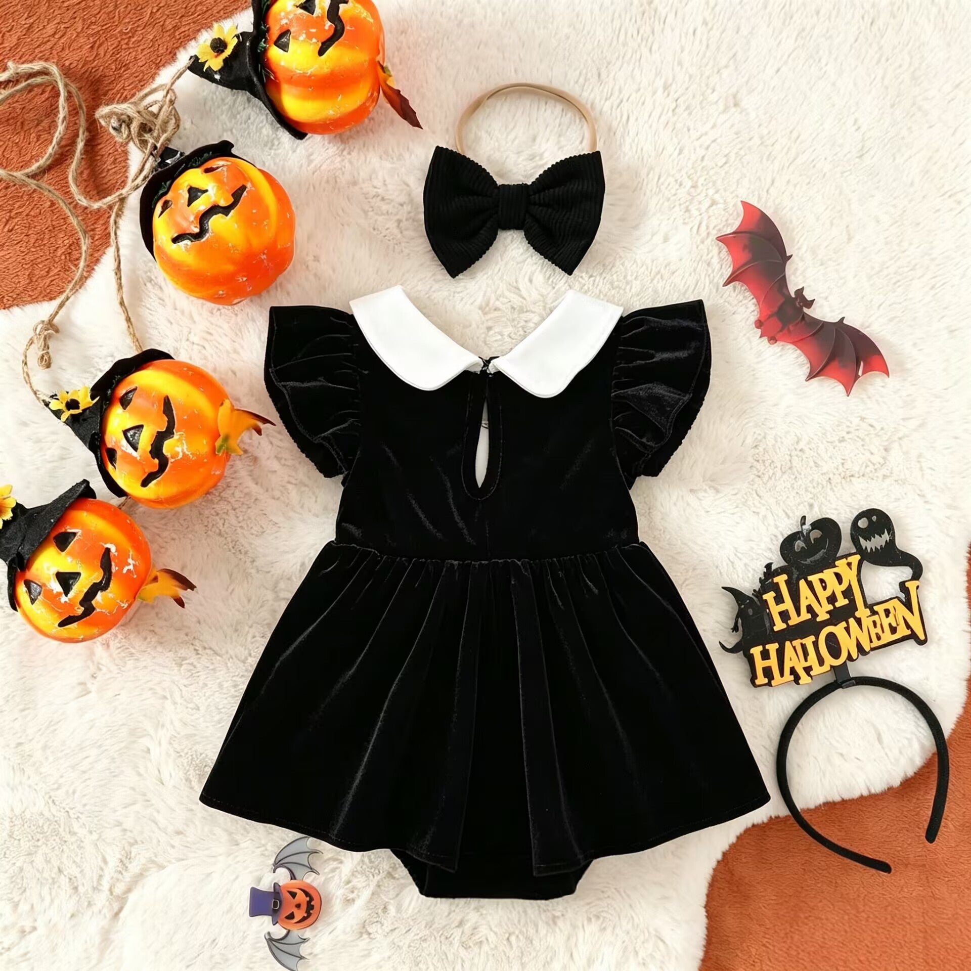 Baby Ghost Print Princess Romper Halloween Outfit for Newborns, Infant Bodysuit Crawling Clothes