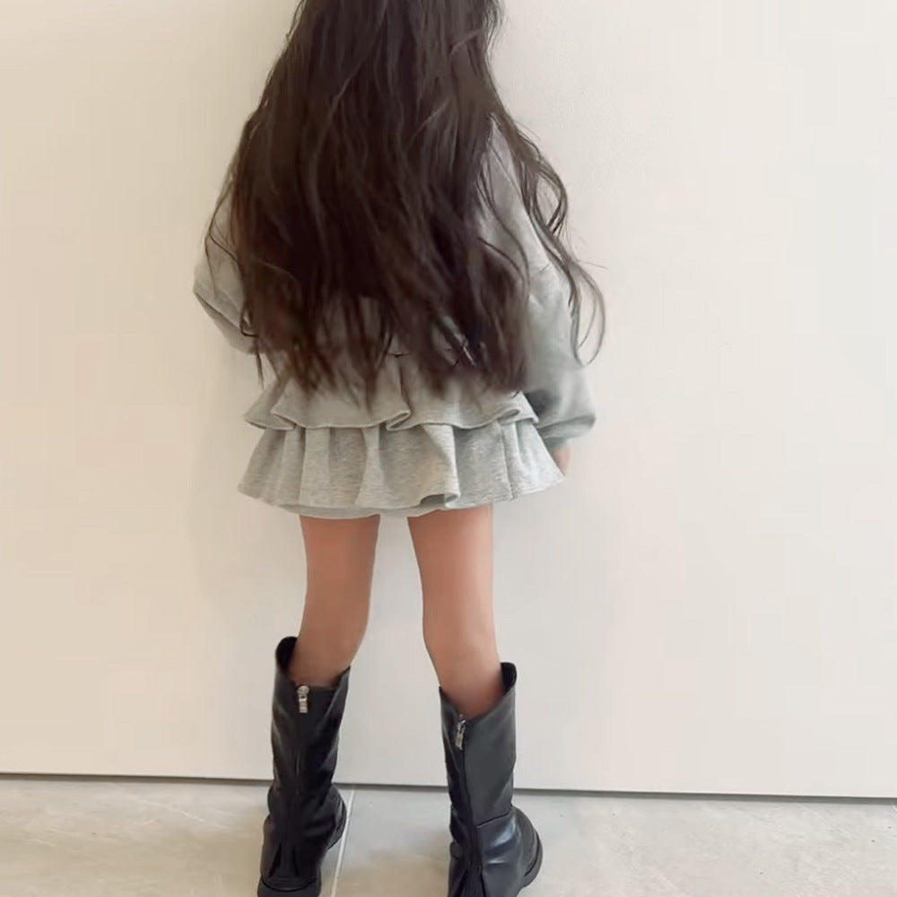 Girls' Dress Set with Hooded Sweatshirt, Puff Pumpkin Skirt Pants, Terry Cloth Shorts Dress