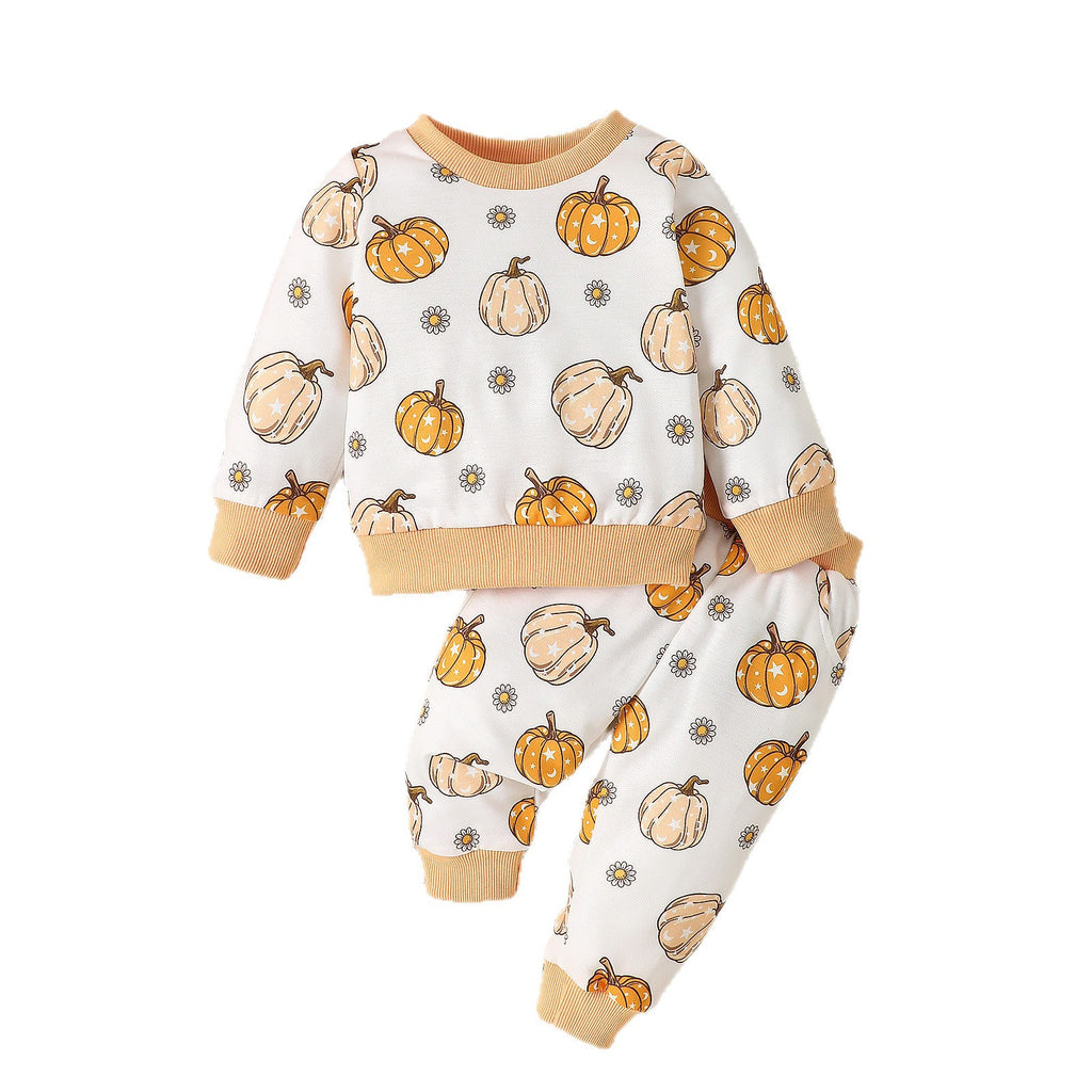 Children's Set Cartoon All-Over Print Round Neck Long Sleeve Sweatshirt Casual Long Pants 2-Piece Set Kids Outfit