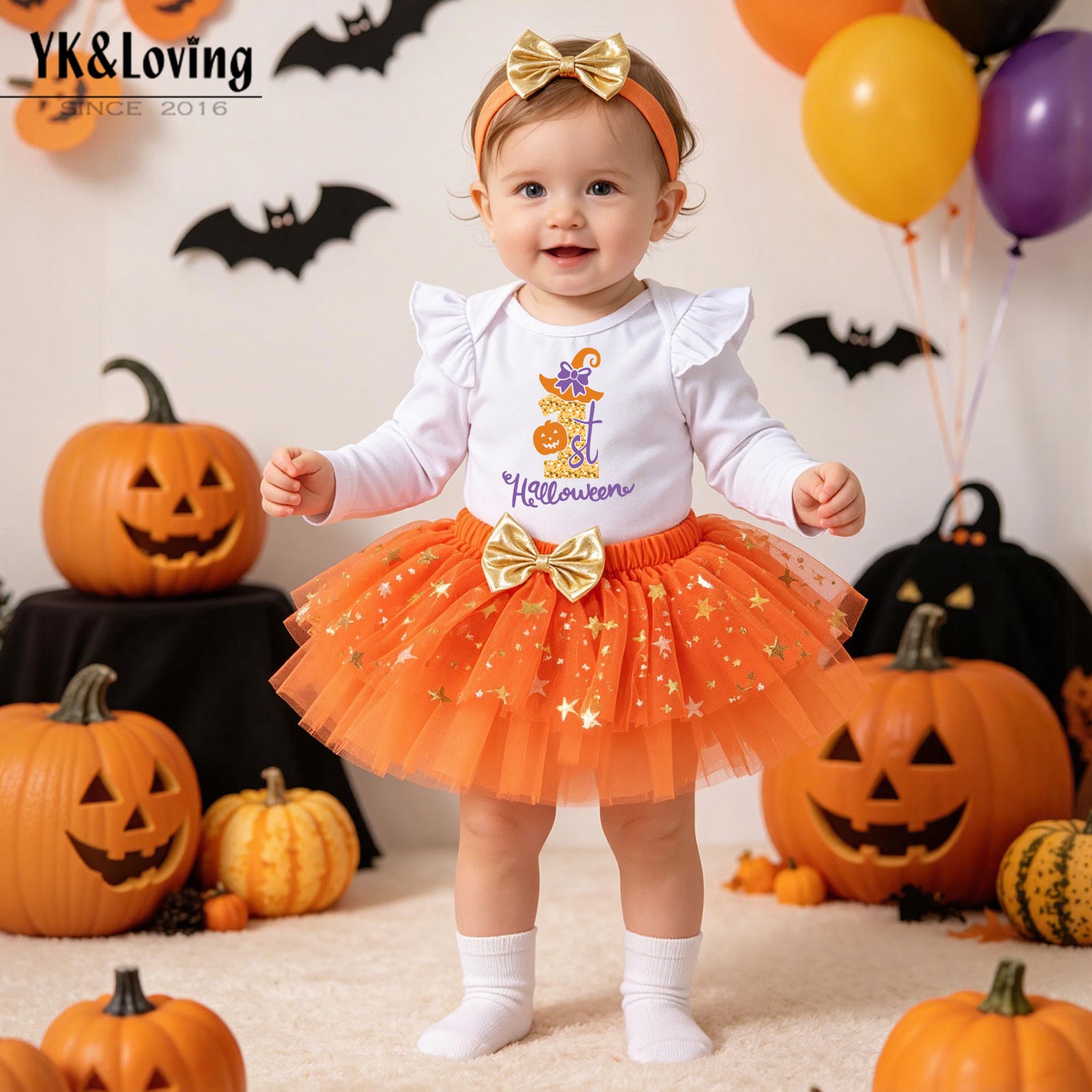 Cute Baby Halloween Costume Set with Pumpkin Witch Print Romper, Orange Tutu Style