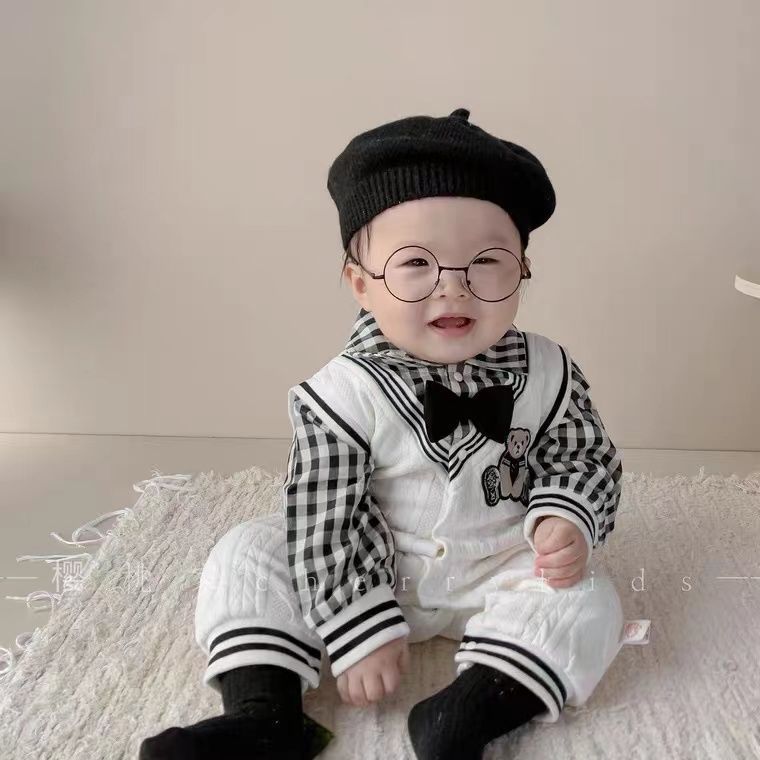 Double-Layer Romper, Baby Boy Outerwear Crawler Suit,  Fake Two-Piece Long Sleeve Bodysuit