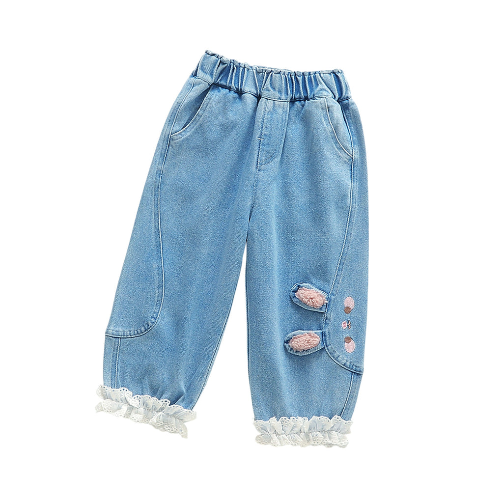 Children's Rabbit Ear Ruffle Denim Pants Girls Campus Dad Pants Kids