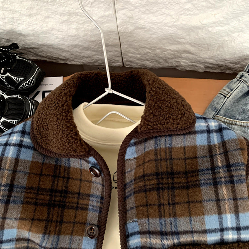 Boys' woolen plaid jacket with thickened fleece for autumn and winter
