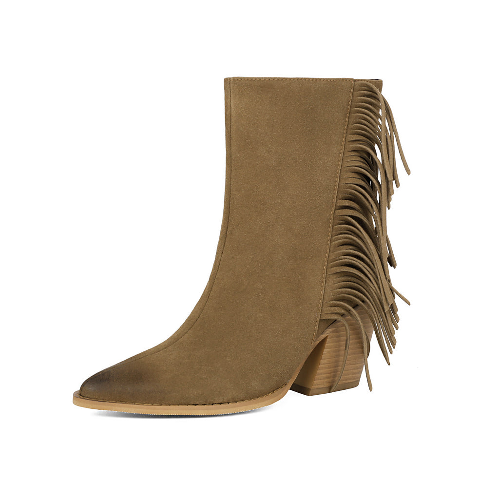 Botines Western con Flecos, Punta Fina y Tacón Grueso – Mujer