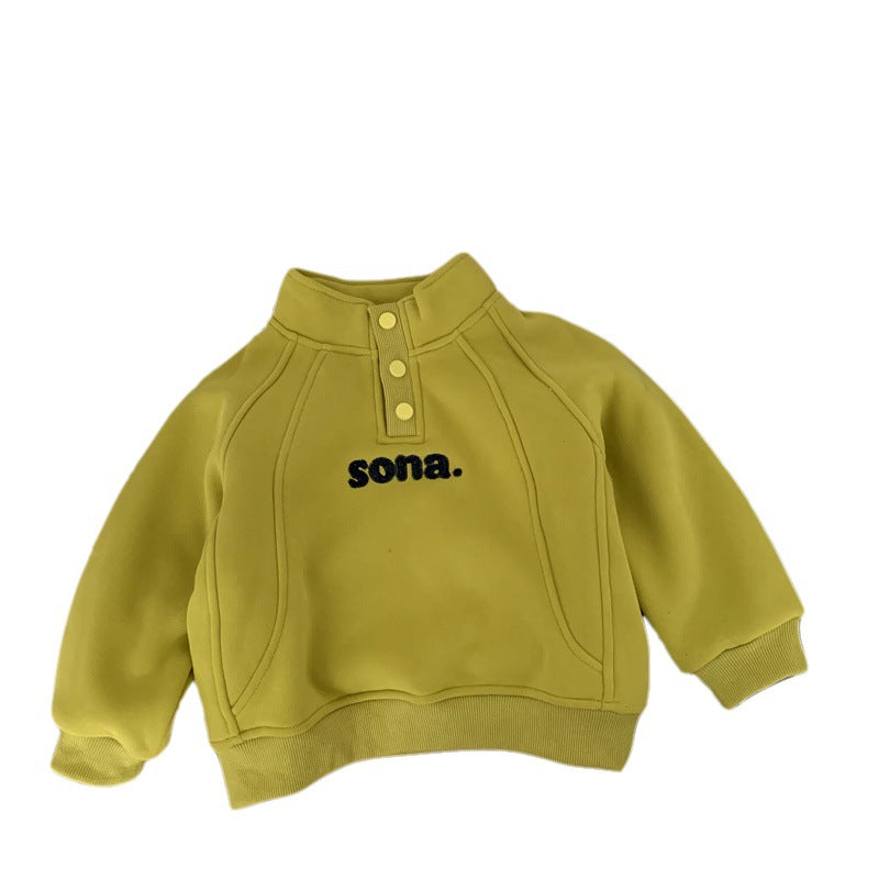 Boys' standing collar hoodie with plush winter clothing