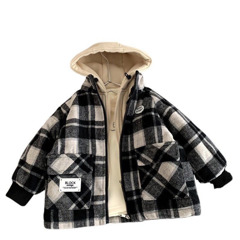 Cotton lined hooded plaid coat