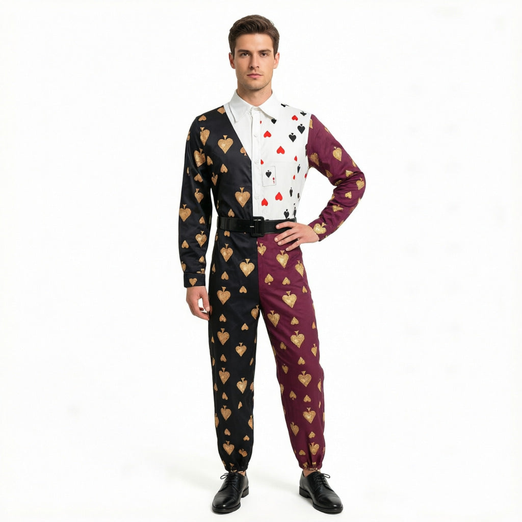 Halloween Poker Card Cosplay Color-Block Spliced Jumpsuit Casino Dealer Costume for Adults