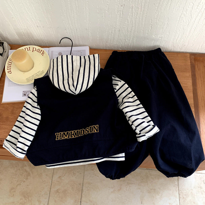 Boys' embroidered letter hooded vest sweatshirt pants three piece set