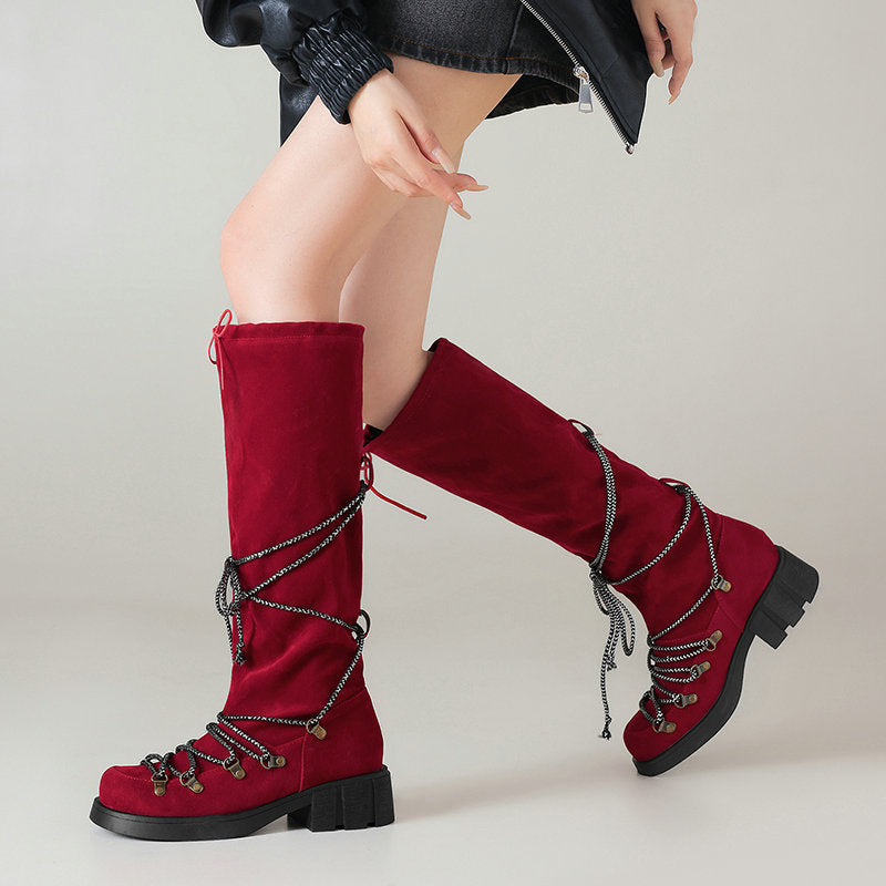 Botas Over-the-Knee con Cinturón y Tacón Grueso – Mujer Vintage