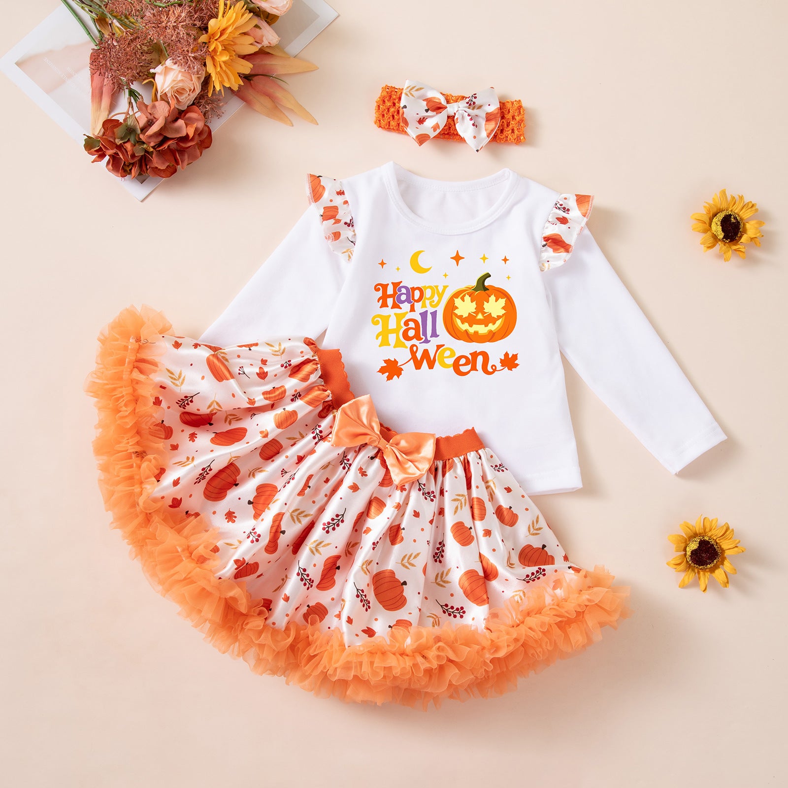 Girls' Halloween Long Sleeve Printed Pumpkin T-Shirt, Satin Skirt, Headband 3-Piece Set for Kids Party Outfit
