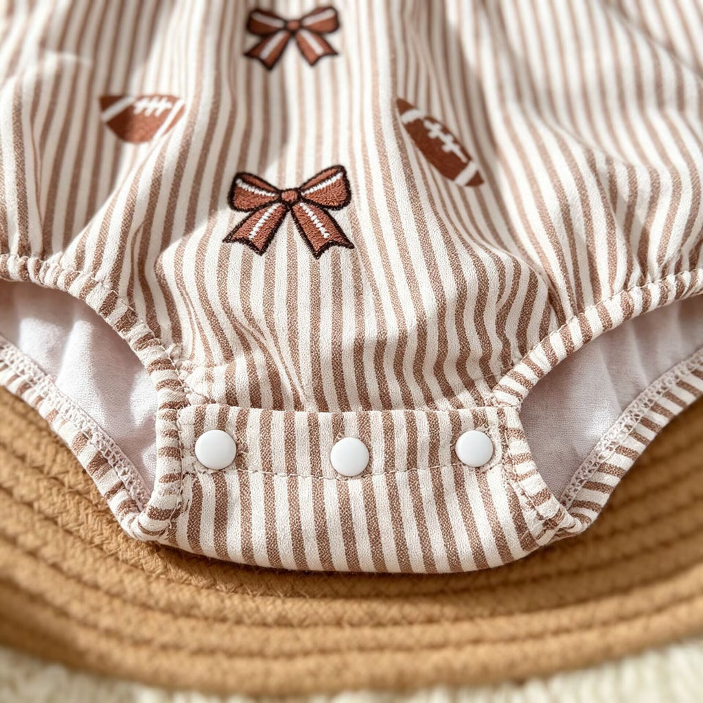 Infant Romper Striped Bowtie Football Embroidery Baby Girl Onesie Short Sleeve Crawler