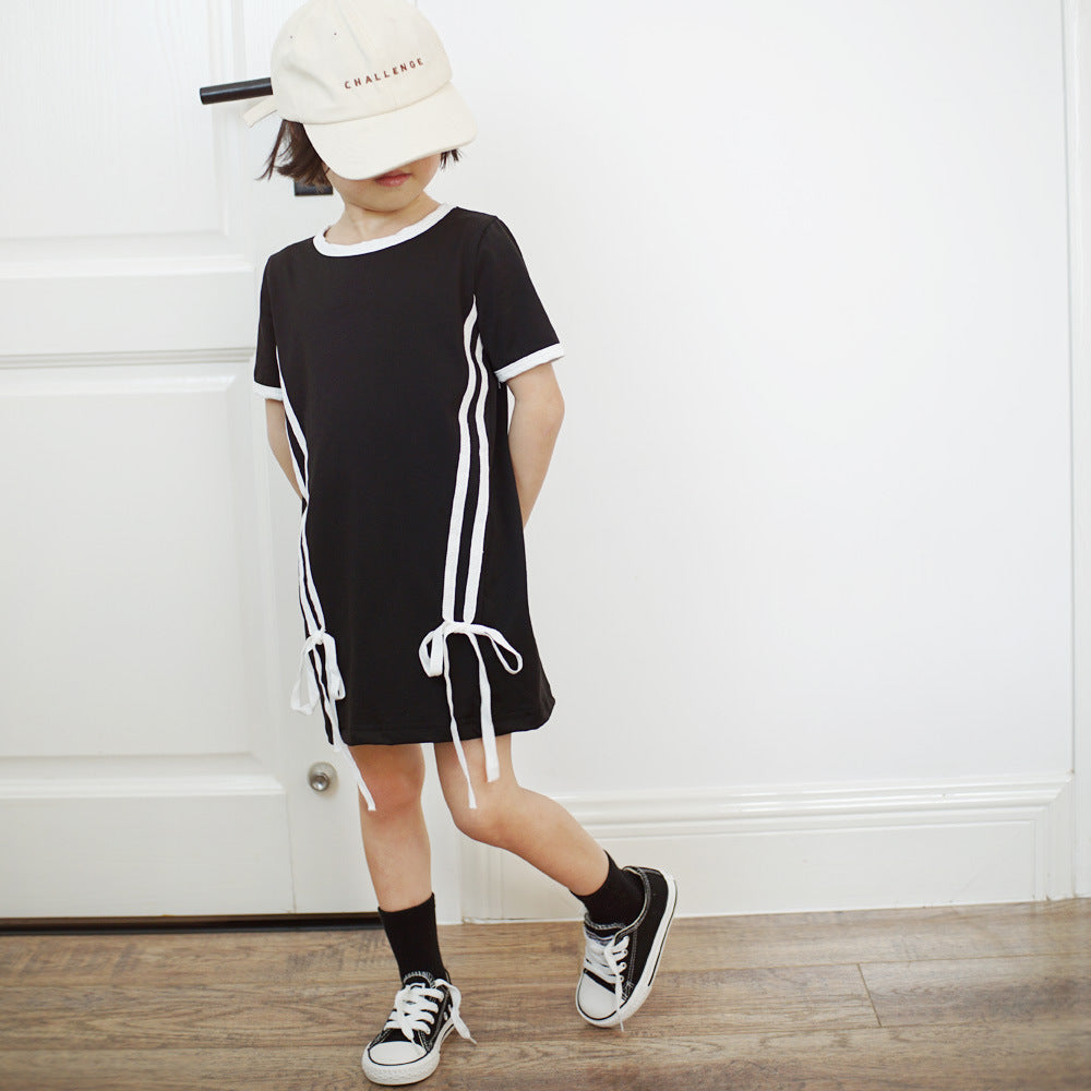 Children's Tweed Style Black and White Dress for Girls, Short Sleeve Knit Dress