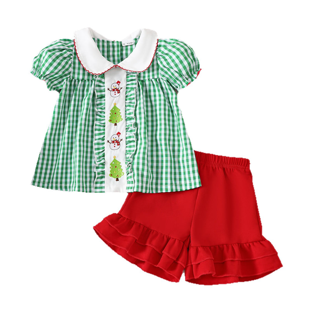 Christmas Girl's Outfit Green and White Plaid Christmas Tree Puff Sleeve Top Red Trimmed Shorts Two-Piece Set