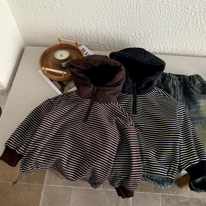 Striped hooded boys' casual versatile top