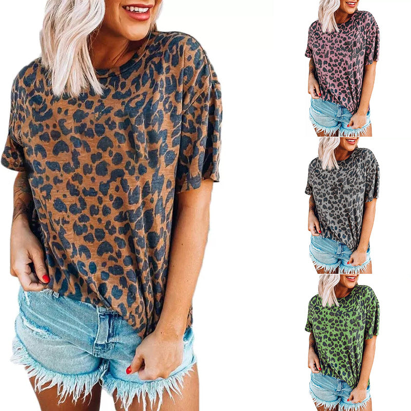 Leopard Pattern Crew Neck Casual Short Sleeve T-Shirt