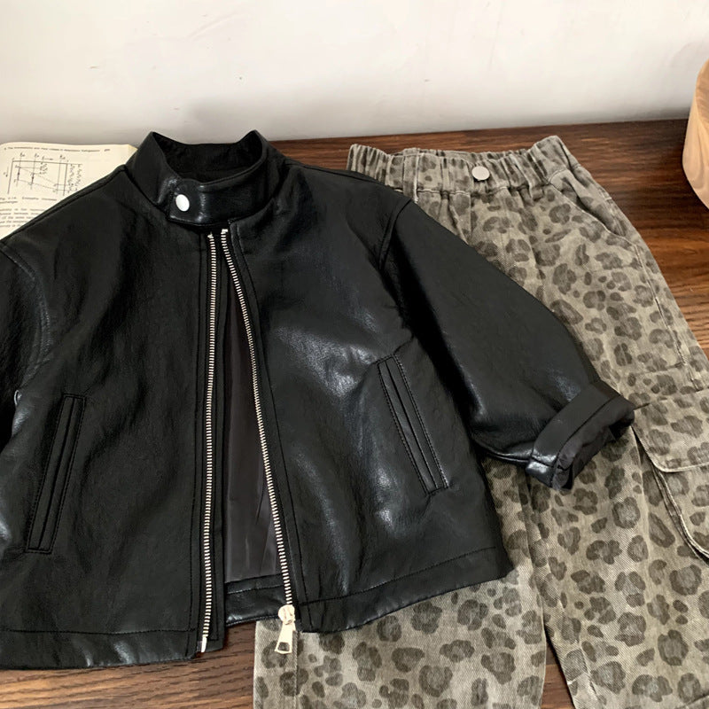 Children's leather jacket motorcycle solid color splicing