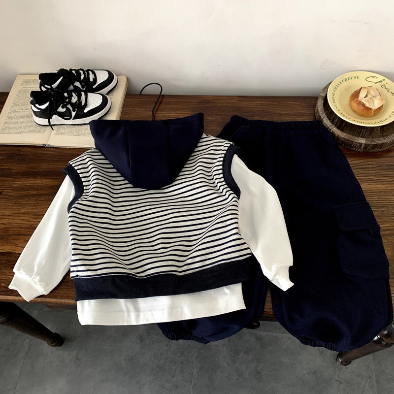 Children's knitted vest three piece set baby autumn striped clothes