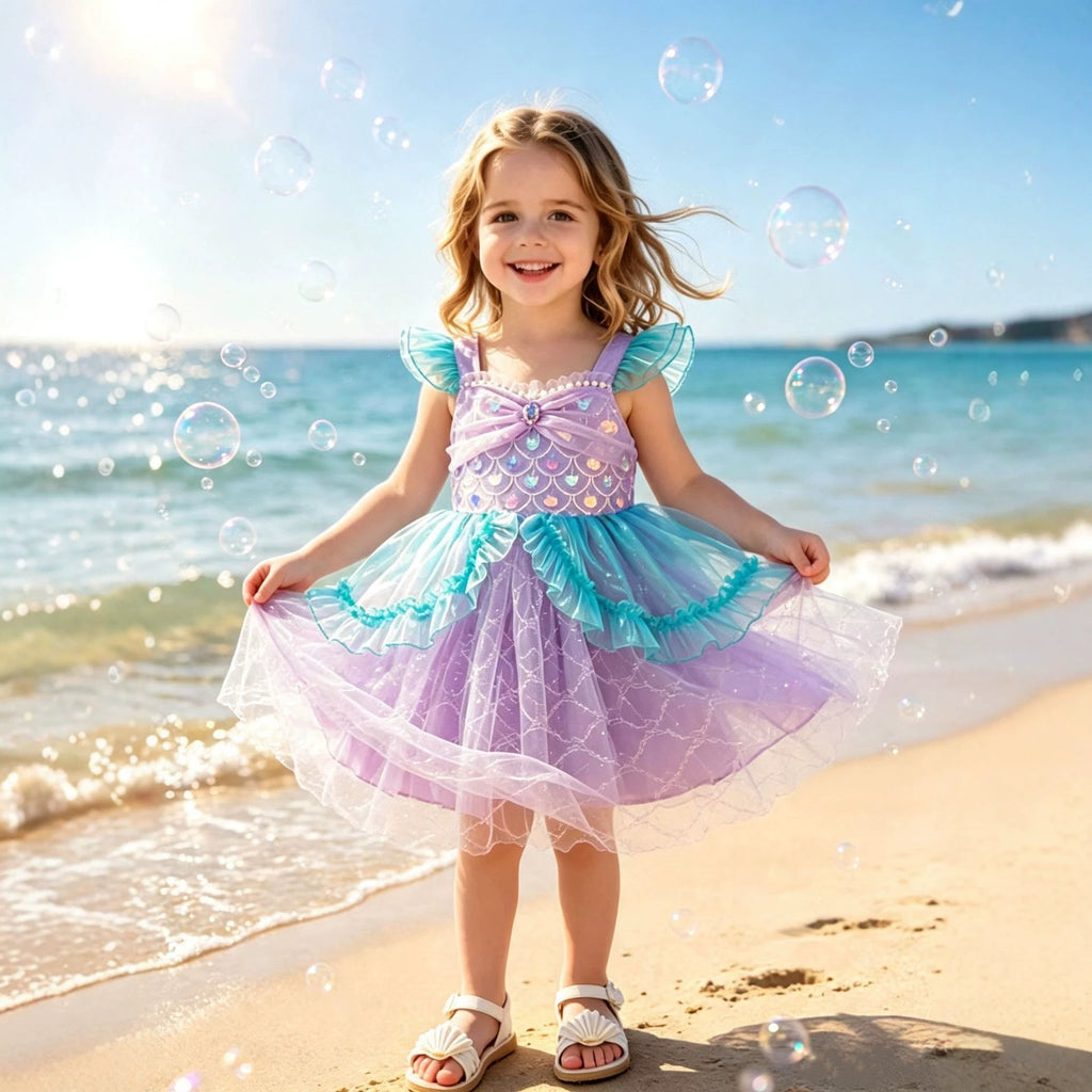 Mermaid Princess Dress with Flutter Sleeves, Sequin Tutu Skirt for Kids, Performance Costume, Birthday Party Dress