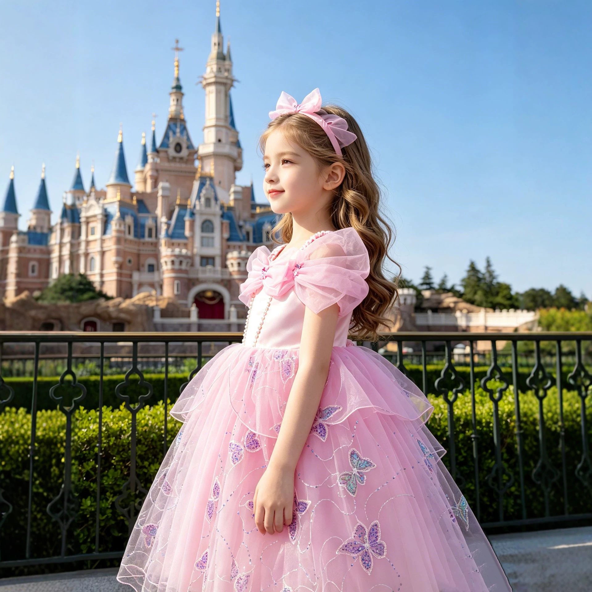 Fashionable Pink Butterfly Princess Dress for Girls, Summer Chiffon Puff Skirt, Party and Birthday Dress