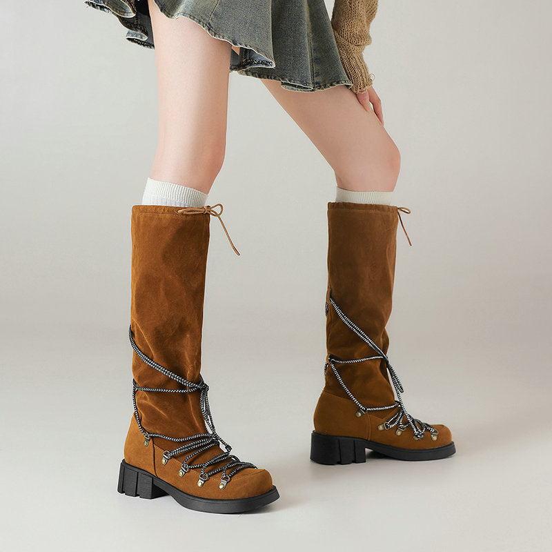 Botas Over-the-Knee con Cinturón y Tacón Grueso – Mujer Vintage