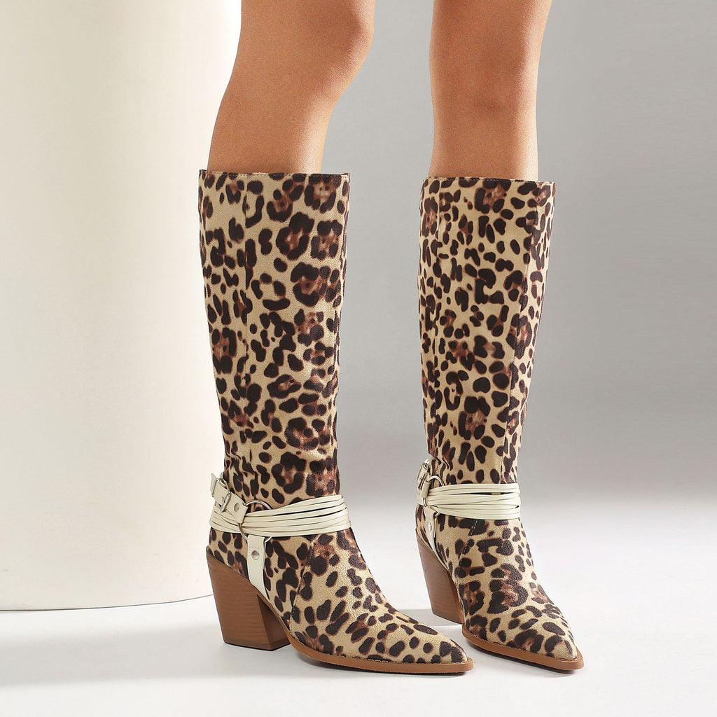 Western Style High Heel Boots for Women, Chunky Heeled, Pointed Toe, Over-the-Knee, Belt Buckle Detail Made to order, ships in 7 days