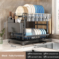 2-Tier Large Capacity Dish Drying Rack, Rustproof Carbon Steel Kitchen Sink Drainer with Cutting Board & Utensil Holder