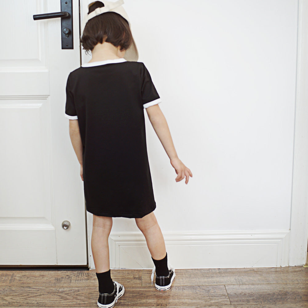 Children's Tweed Style Black and White Dress for Girls, Short Sleeve Knit Dress