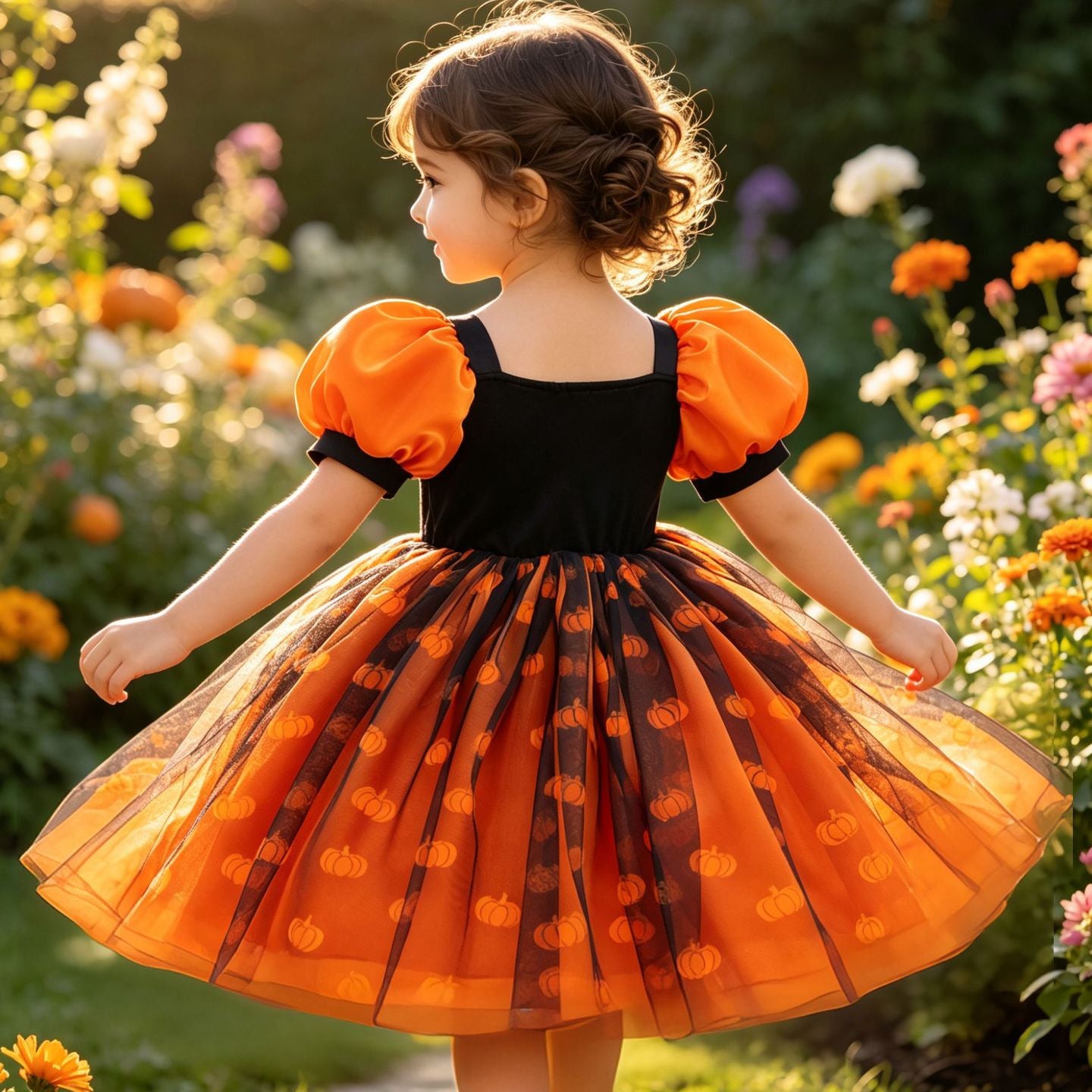 Halloween Cosplay Dress with Pumpkin Print, Lace Tie-Up Princess Dress for Festival Performances