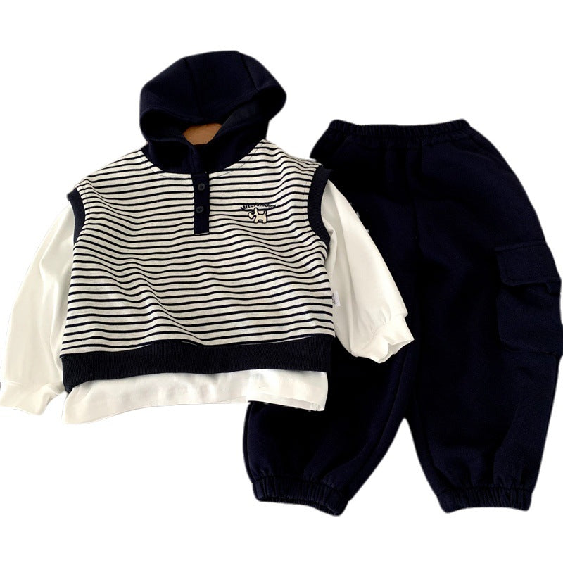 Children's knitted vest three piece set baby autumn striped clothes