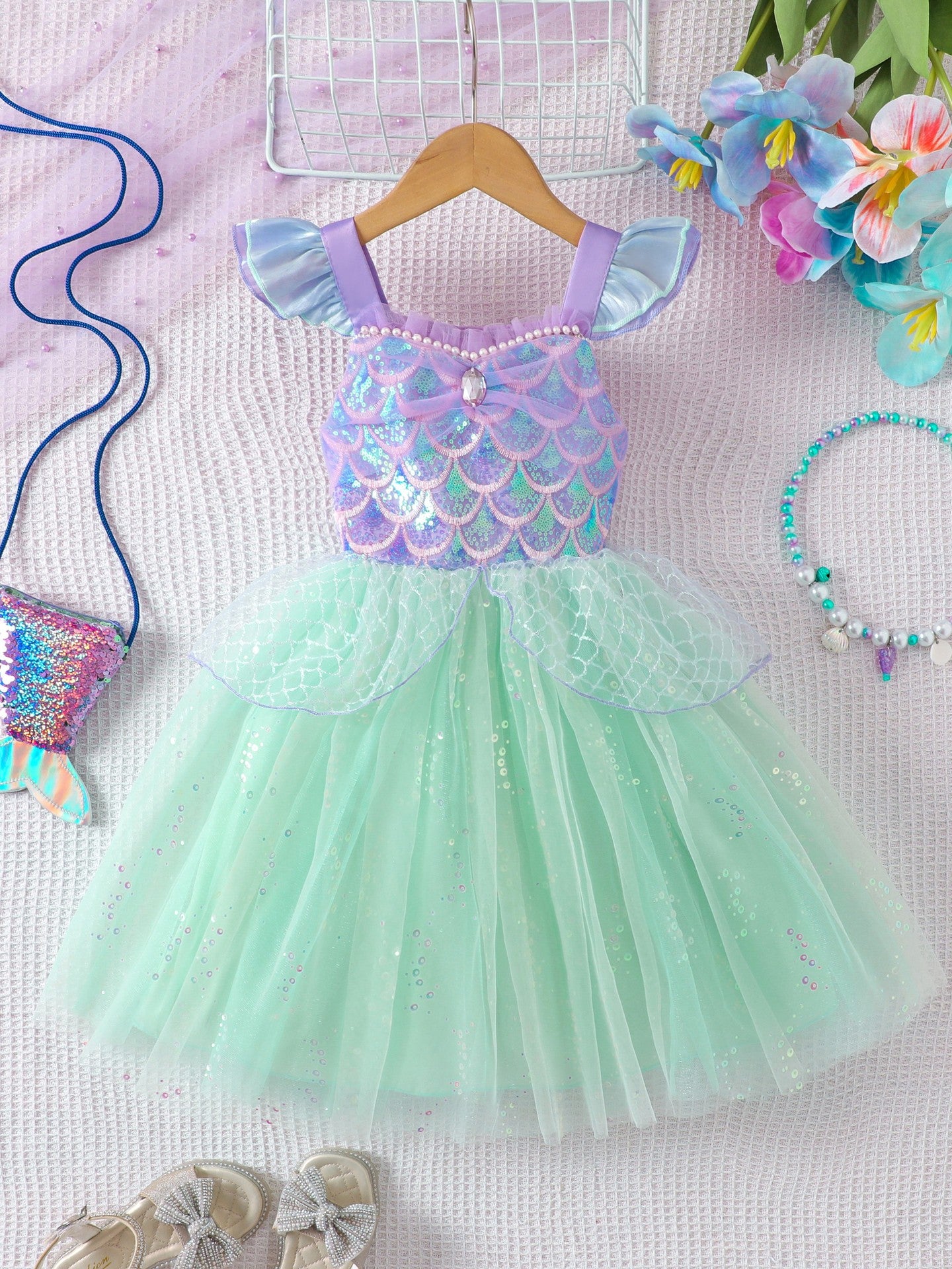 Girls' Sleeveless Mesh Dress with Sequins, Sweet Summer Princess Dress for Kids