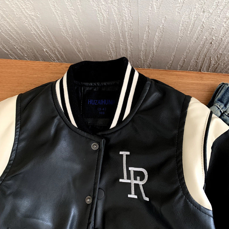 Boys' contrasting color children's leather jacket baseball uniform