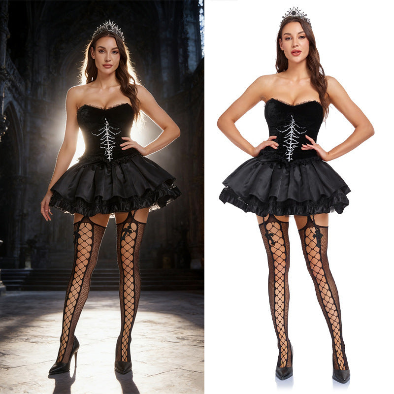 Halloween Gothic Black Widow Rose Puff Sleeveless Mini Dress Witch Devil Vampire Costume