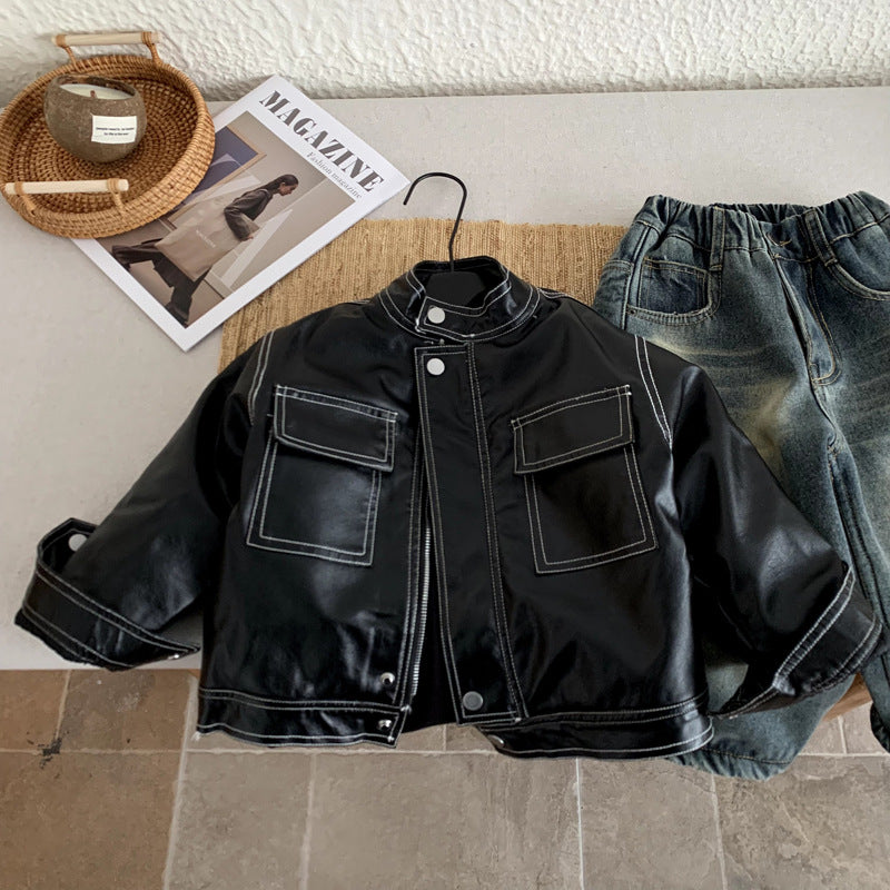 Children's leather jacket with fleece jacket