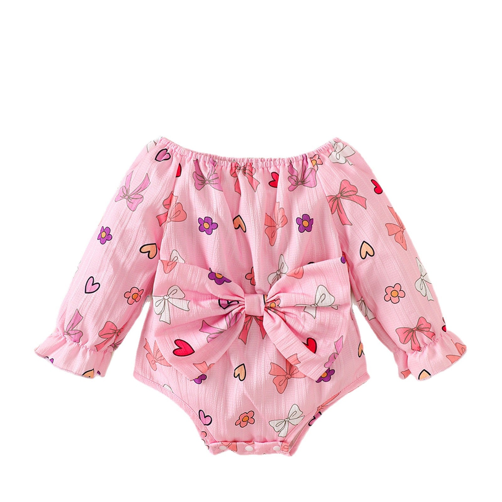 Girls' Off-Shoulder Long Sleeve Bodysuit with Heart Print and Large Bow, Princess Style Infant Outfit for Outdoor Wear