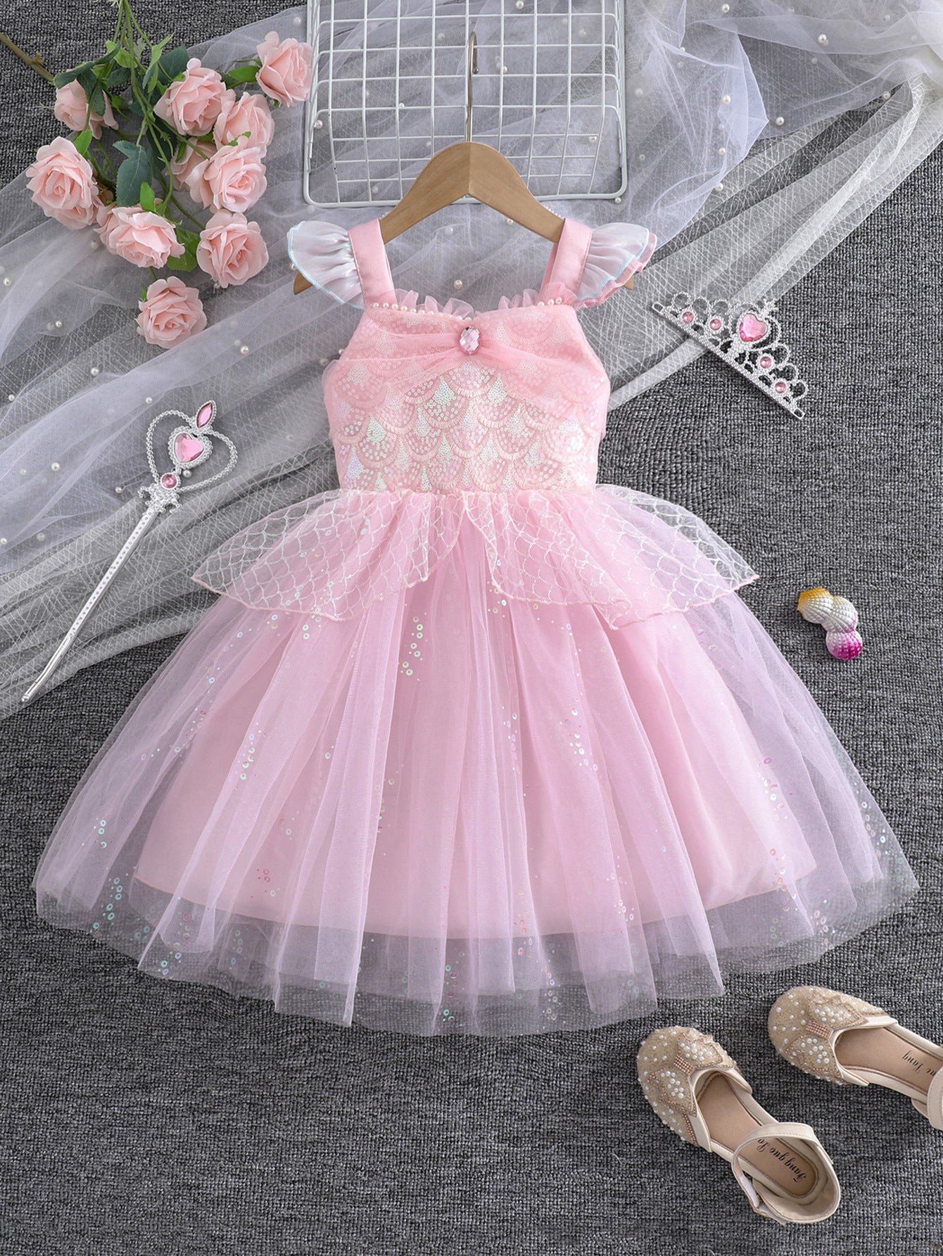 Girls' Sleeveless Mesh Dress with Sequins, Sweet Summer Princess Dress for Kids