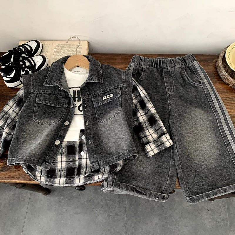 Boys' denim vest three piece set for spring and autumn