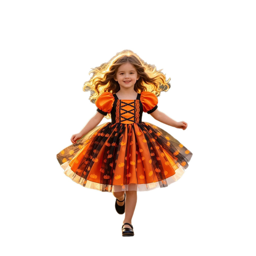 Halloween Cosplay Dress with Pumpkin Print, Lace Tie-Up Princess Dress for Festival Performances