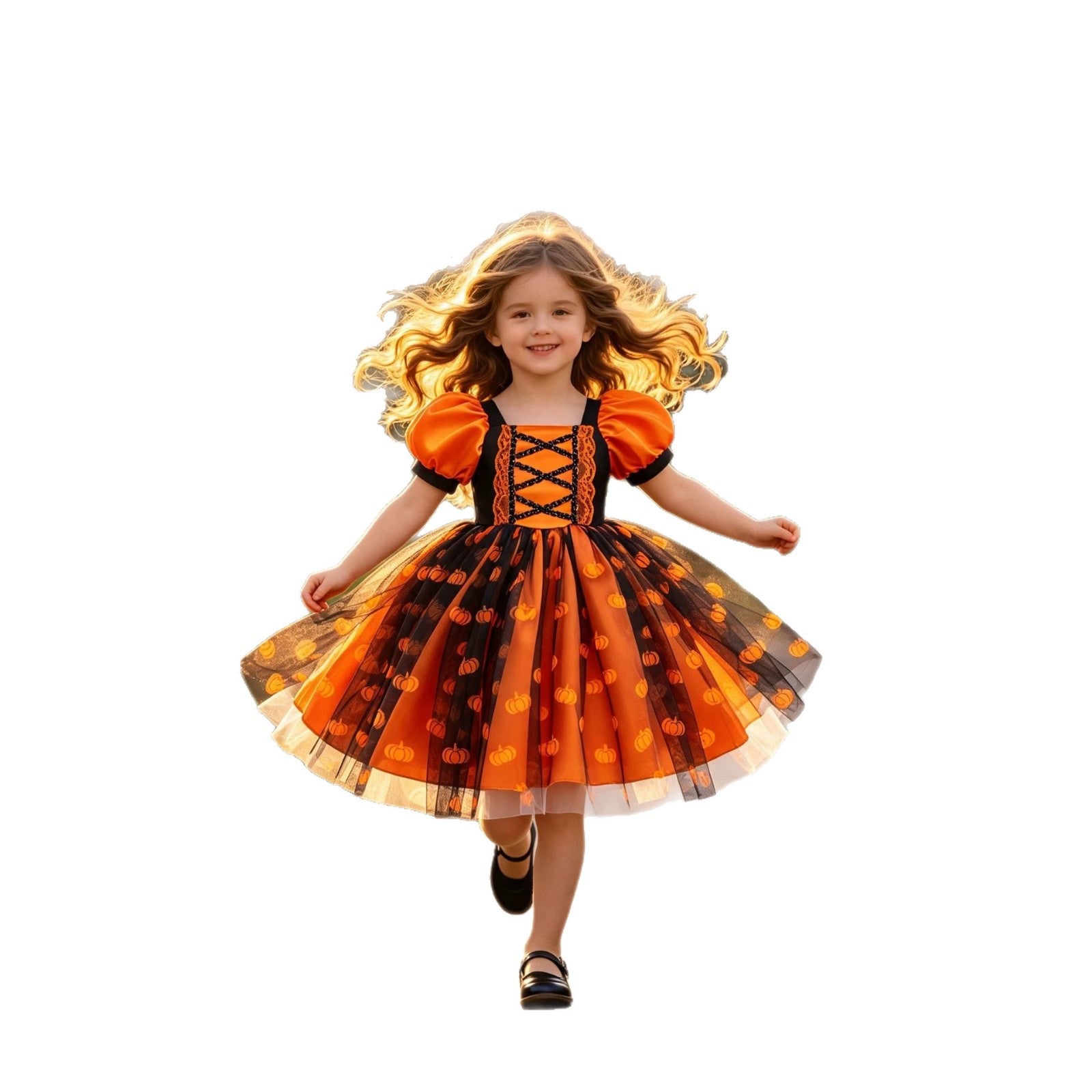 Halloween Cosplay Dress with Pumpkin Print, Lace Tie-Up Princess Dress for Festival Performances