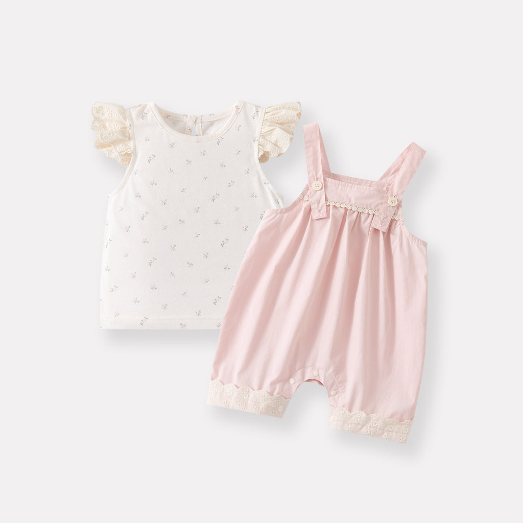 Infant Sweet Two-Piece Outfit with Fly Sleeves and Overall Design