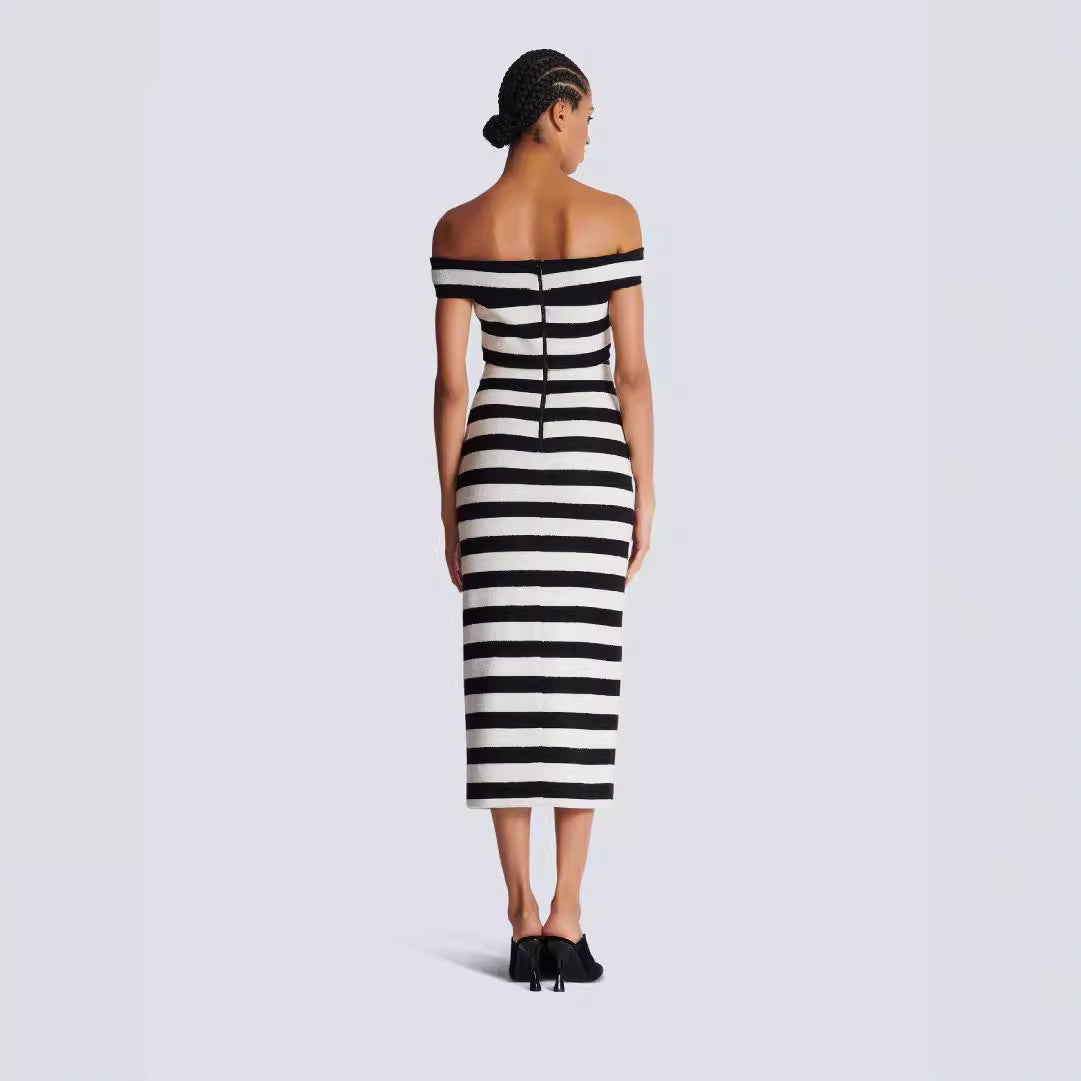 New Black and White Zebra Pattern Bandage Skirt Set European and American Fashion Off Shoulder Short Top Long Skirt Two Piece Set