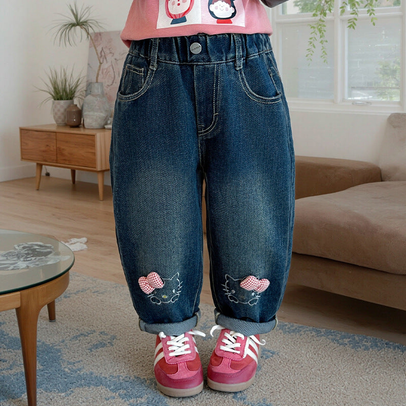 Cute Cartoon Denim Pants with Bow for Girls