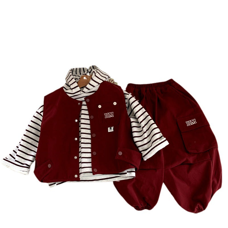 Boys' embroidered letter hooded vest sweatshirt pants three piece set