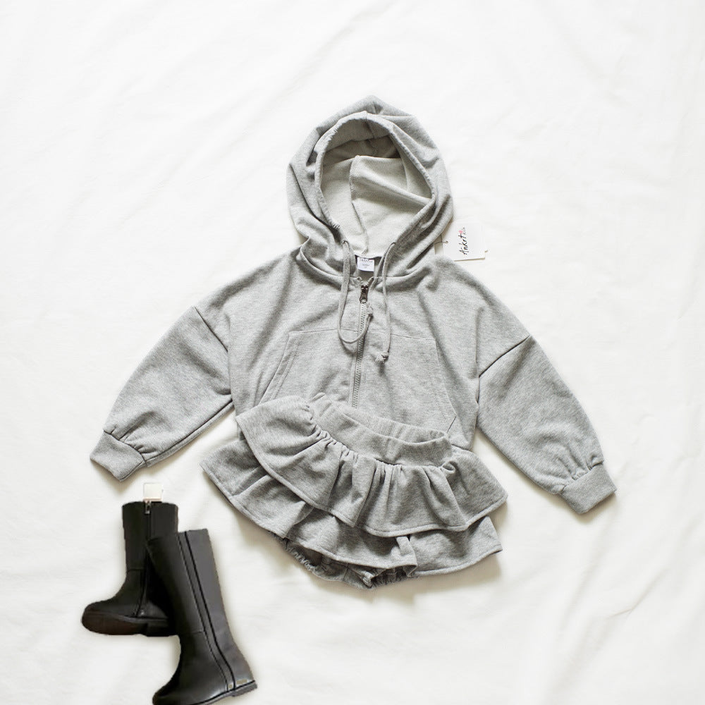 Girls' Dress Set with Hooded Sweatshirt, Puff Pumpkin Skirt Pants, Terry Cloth Shorts Dress