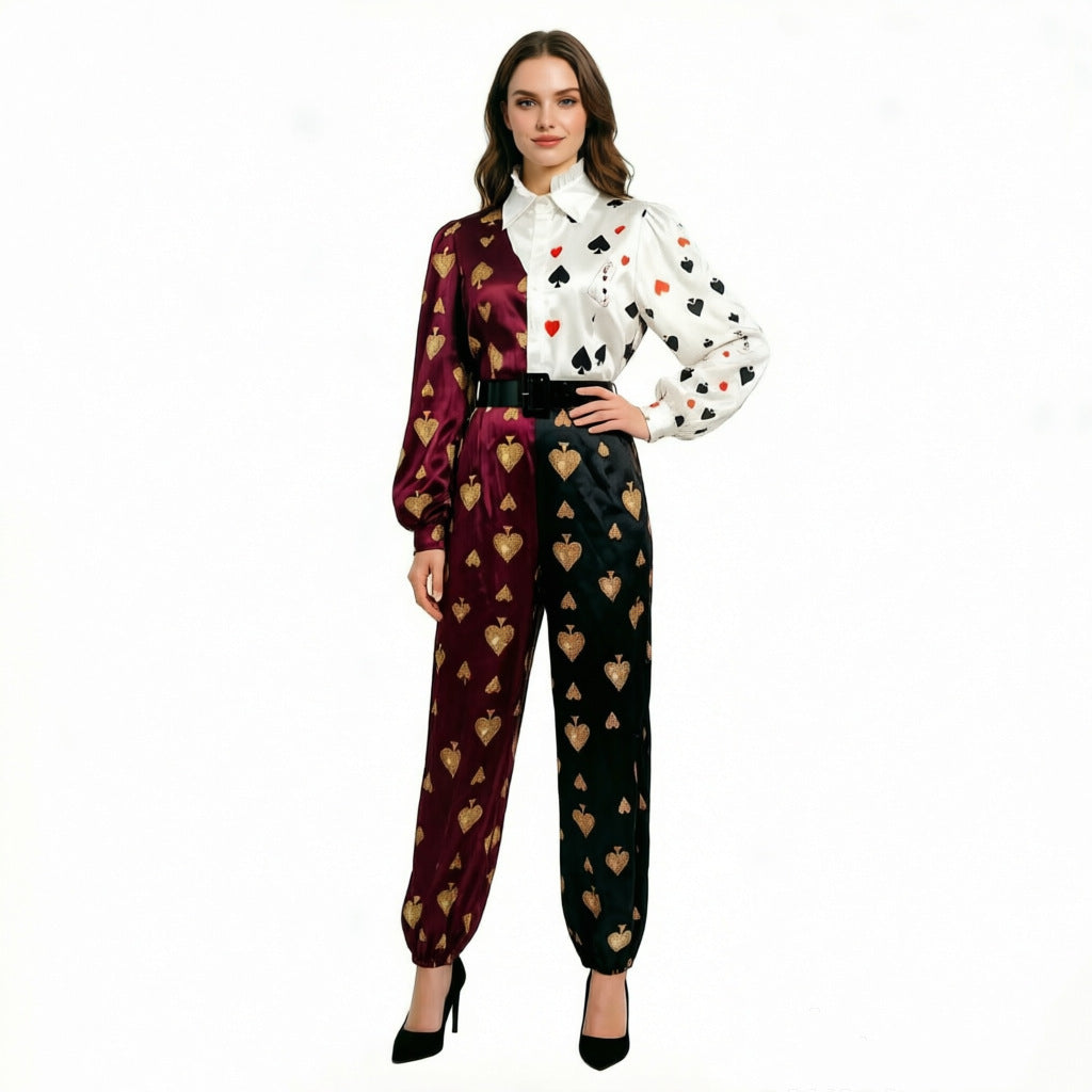 Halloween Poker Card Cosplay Color-Block Spliced Jumpsuit Casino Dealer Costume for Adults