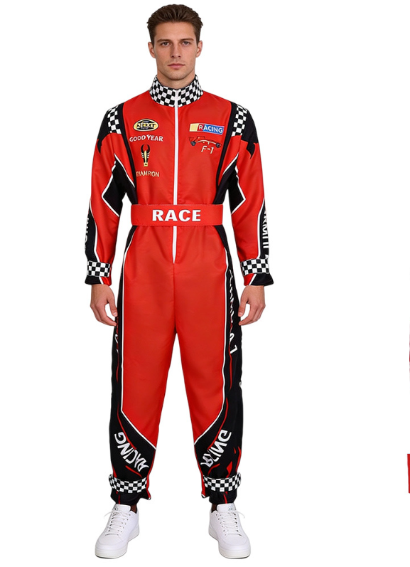 Printed Racer Full Suit Overalls Racing Suit Red and Black Contrast Motorcycle Suit Festival Party Performance Costume