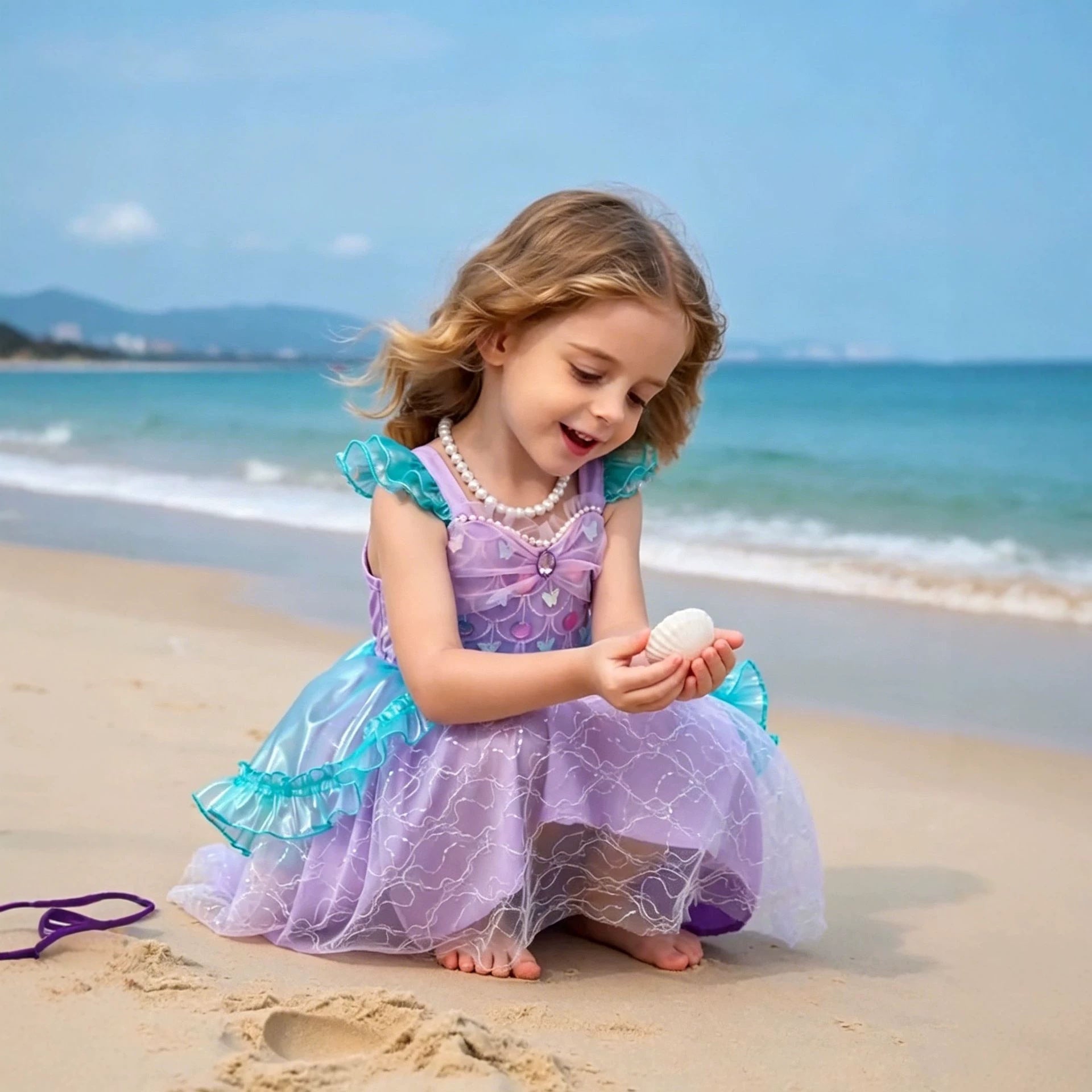 Mermaid Princess Dress with Flutter Sleeves, Sequin Tutu Skirt for Kids, Performance Costume, Birthday Party Dress