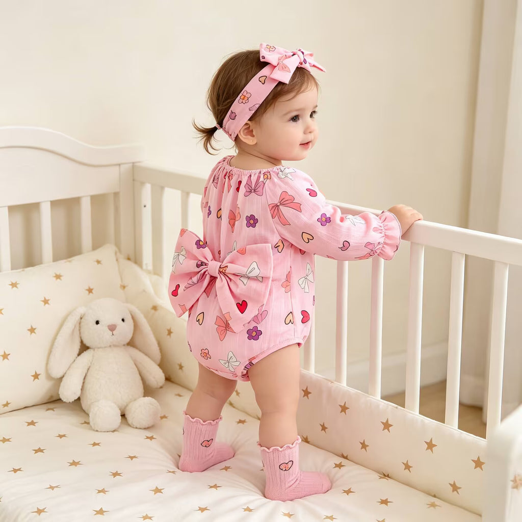 Girls' Off-Shoulder Long Sleeve Bodysuit with Heart Print and Large Bow, Princess Style Infant Outfit for Outdoor Wear