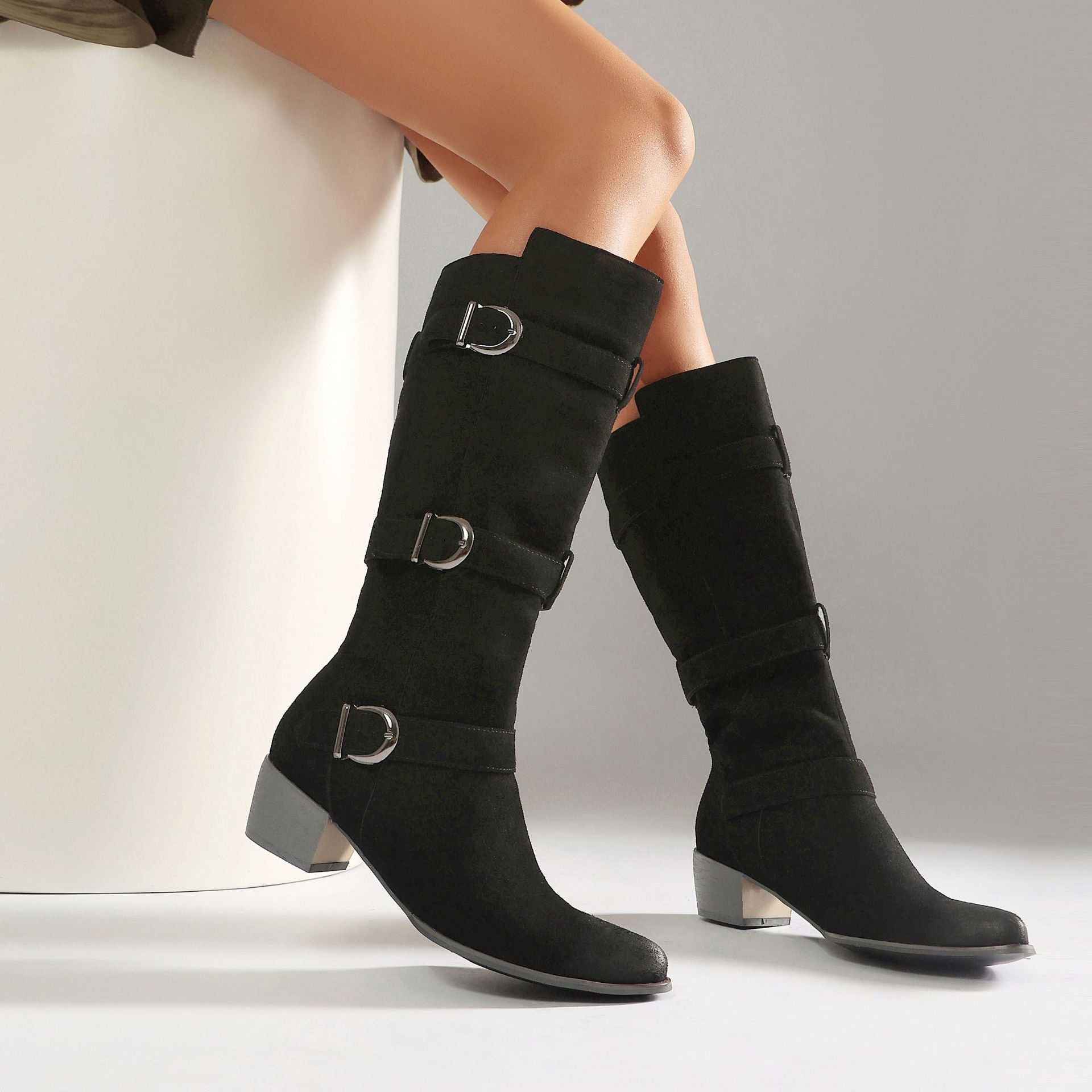 Fashion Winter High Heel Chunky Heel  Belt Buckle Suede Over-the-Knee Women's Boots Made to order, ships in 7 days
