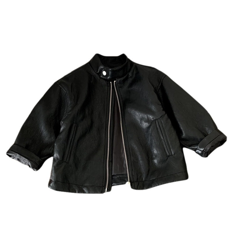 Children's leather jacket motorcycle solid color splicing